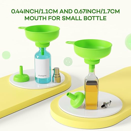 Pisol Wide Mouth Versatile Funnel, Canning Funnels for Kitchen Use, Food Grade Plastic Cooking Funnel Set with 4 Size Spouts and 2 Strainers for Filling Different Bottles and Bags, Green