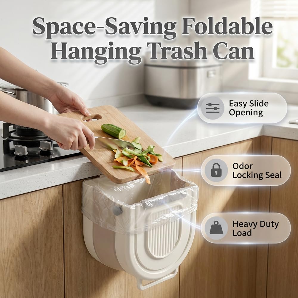 Multipurpose Hanging Collapsible Trash Can，Beige：9.6*9.4*6.3 in-2.64Gal