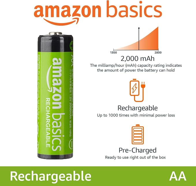 Amazon Basics 8-Pack Rechargeable AA NiMH Batteries, 2000 mAh, Low Self