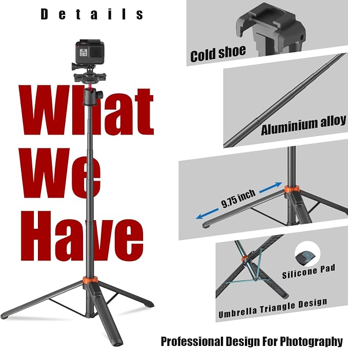 Action Camera Tripod with 360° Ball Head, 66.5'' Selfie Stick Tripod with