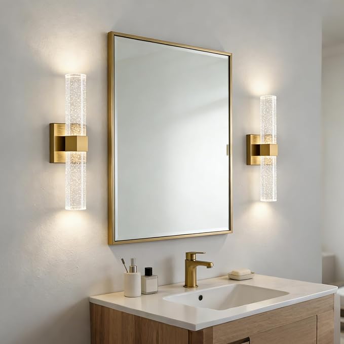 HOLKIRT Gold Bath Vanity Light Crystal Wall Sconce Light 15.7" Modern LED Vanity Wall Light Over Mirror with Seeded Crystal Rods 3000K/4000K/6500K Indoor Wall Lamp for Bathroom Bedroom Hallway