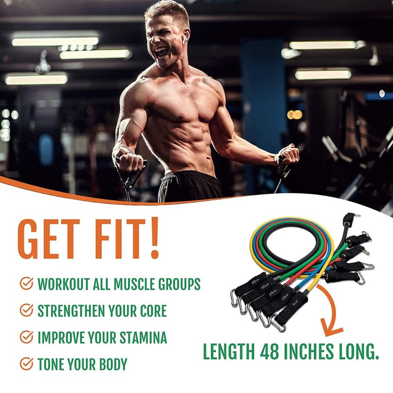 Ryno Tuff 12 Pc Resistance Bands Set - 5 Workout Bands, Cushioned Ankle Straps, Padded Handles, Door Anchor & Waterproof Gym Bag - Home Exercise, Strength Training, Physical Therapy, Yoga Fitness Gear