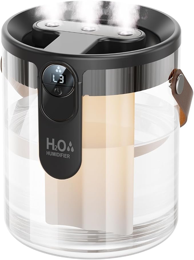 Rechargeable Portable Top Fill Humidifier, Smart Humidifiers for Bedroom, Night Light, 1.4L Cool Mist Humidifier for Office Home Plant Baby, 3-Speed Mist Control, Quiet, Auto Shut-Off (Grey)