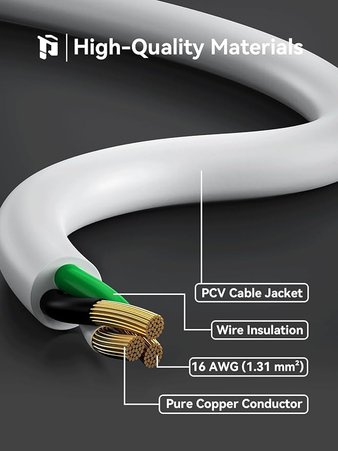 PLUGTUL 3 FT Extension Cord, Short Power Cord, White Indoor/Outdoor 16 Gauge 3 Prong Grounded Wire ETL Listed, 13A 1625W 125V SJTW