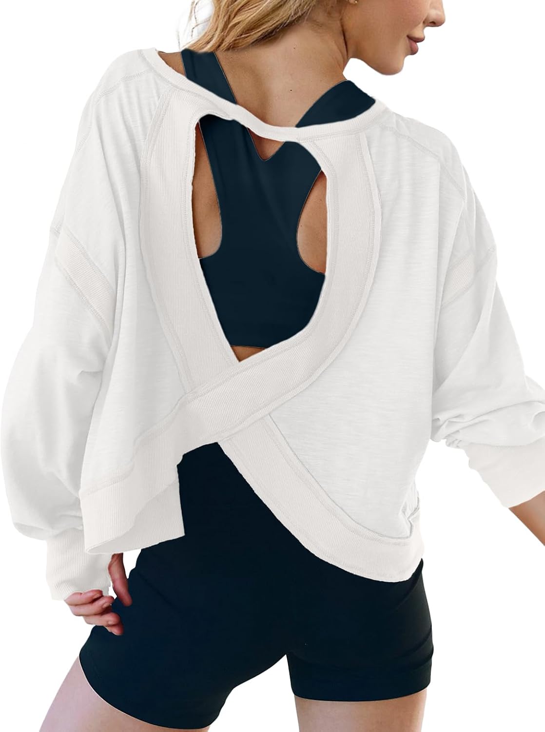 UNIANKIYA Open Back Workout Tops for Women - Long Sleeve Cropped Athletic Gym & Yoga Shirts