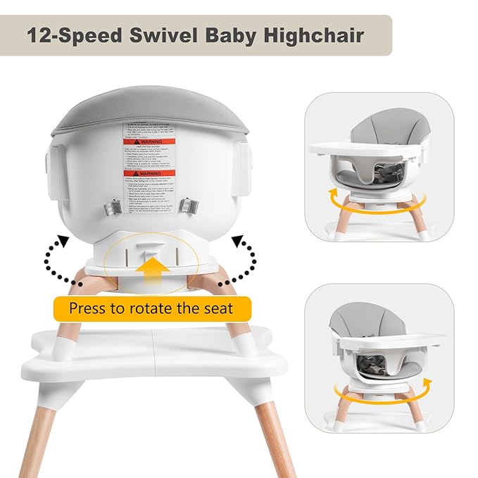 Baby High Chair, 7 in 1 Convertible High Chairs for Babies and Toddlers, Kids Learning Table, Building Block Table, Toddler Dining Chair with 360° Rotating Seat, 5-Point Safety Harness (Grey)