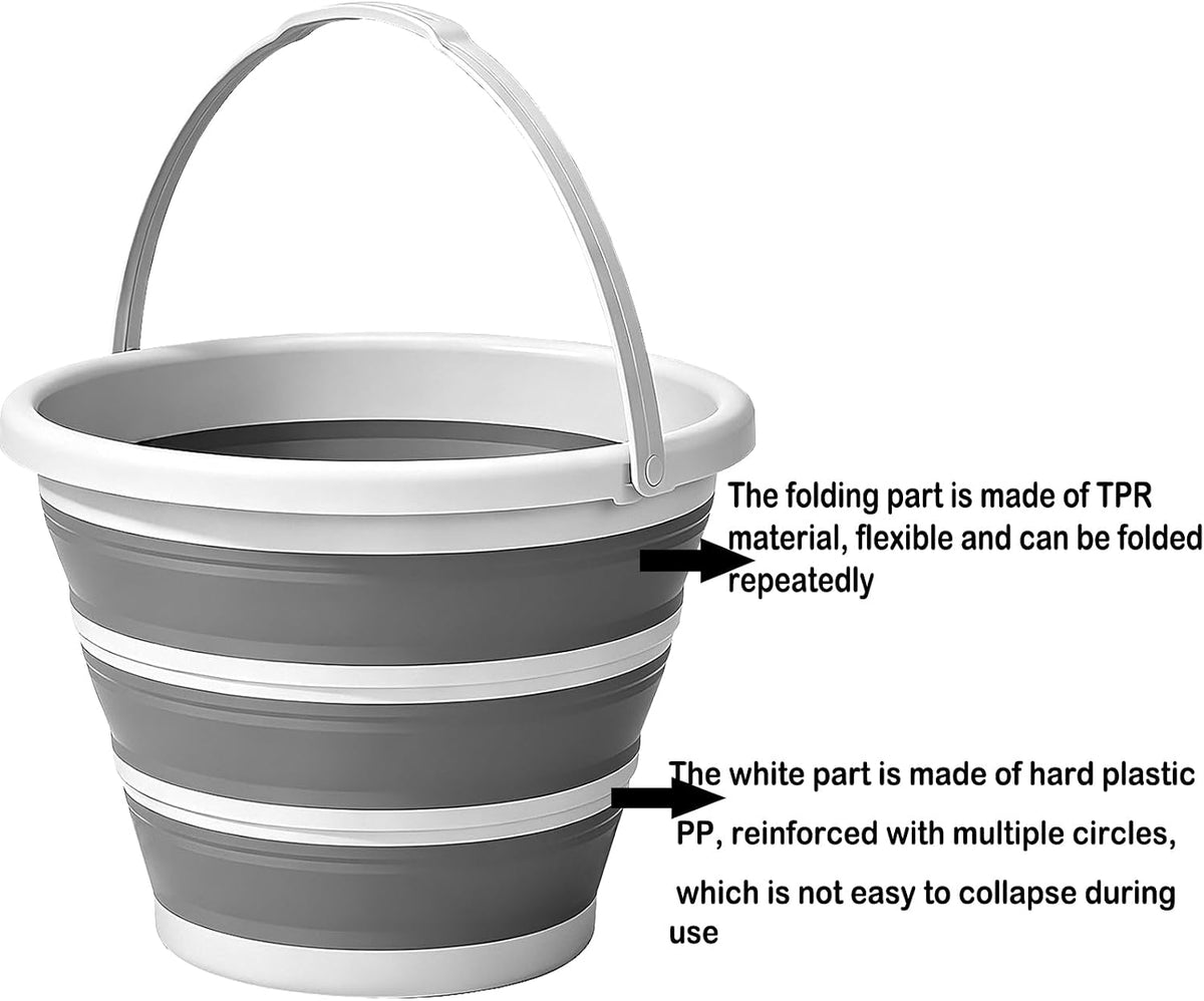 Collapsible Bucket with Handle 10L (2.6Gal), BPA Free Foldable Round Plastic Water Bucket, Portable Space Saving Tub for Car Washing Gardening Camping Fishing Home Cleaning (Grey, 10L)
