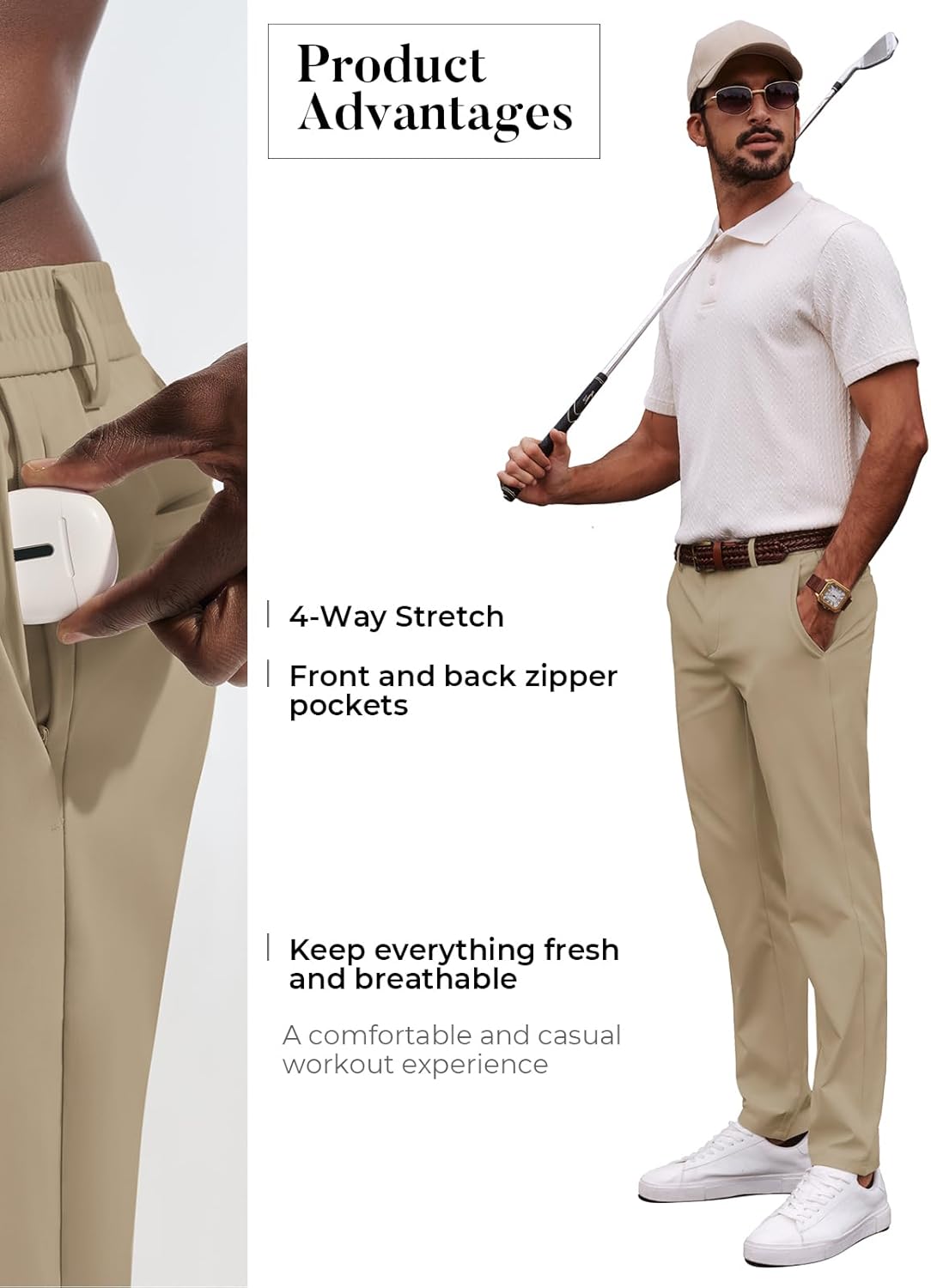 PJ PAUL JONES Men's Golf Pants - Lightweight Stretch Slim Fit Tapered Trousers | Wrinkle-Free Design