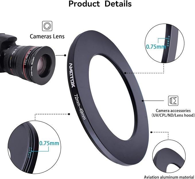 72mm Lens to 49mm Camera Lens Adapter, 72mm-49mm Filter Step-Down Ring