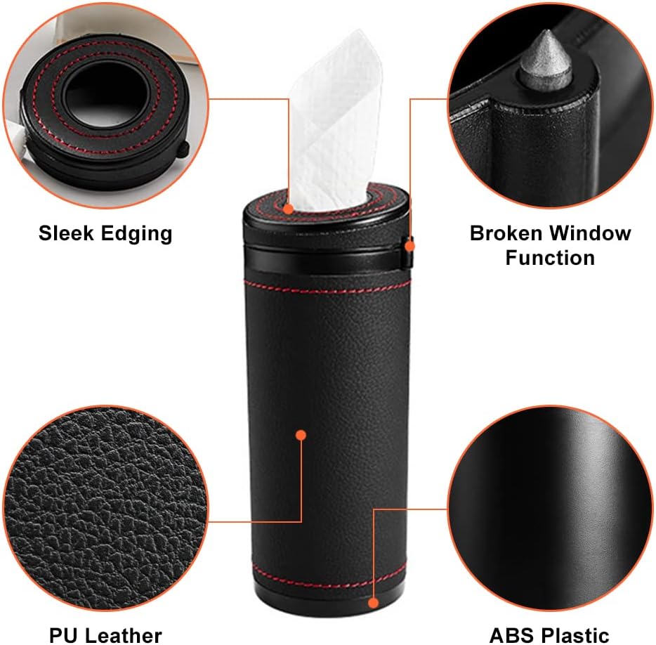 Car Tissue Tube, Cylinder Tissue Box Diameter 2.75'' PU Leather Round Tissues Container for Car Cup Holder, Up to 30 Count Tissue