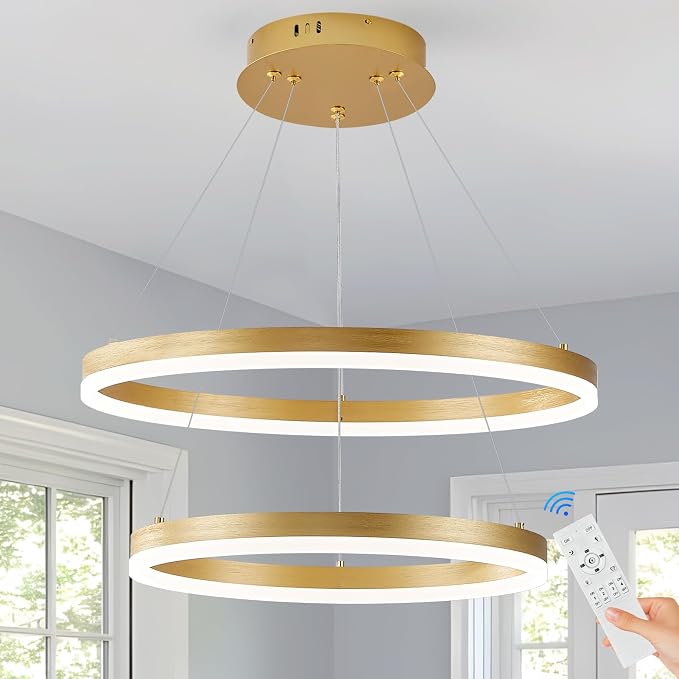 Modern LED Chandelier Gold 2-Rings Pendant Light Circular Flush Mount Ceiling