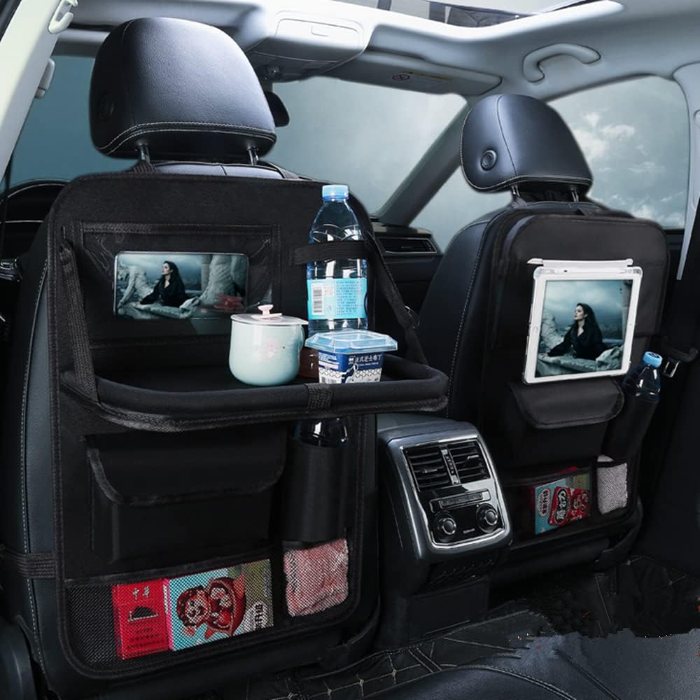 Tumecos Car Seat Back Organizer, 2 Pack Back Seat Organizers and Storage with Touch Screen Tablet Holder, Kick Mats, Back Seat Protector (black)