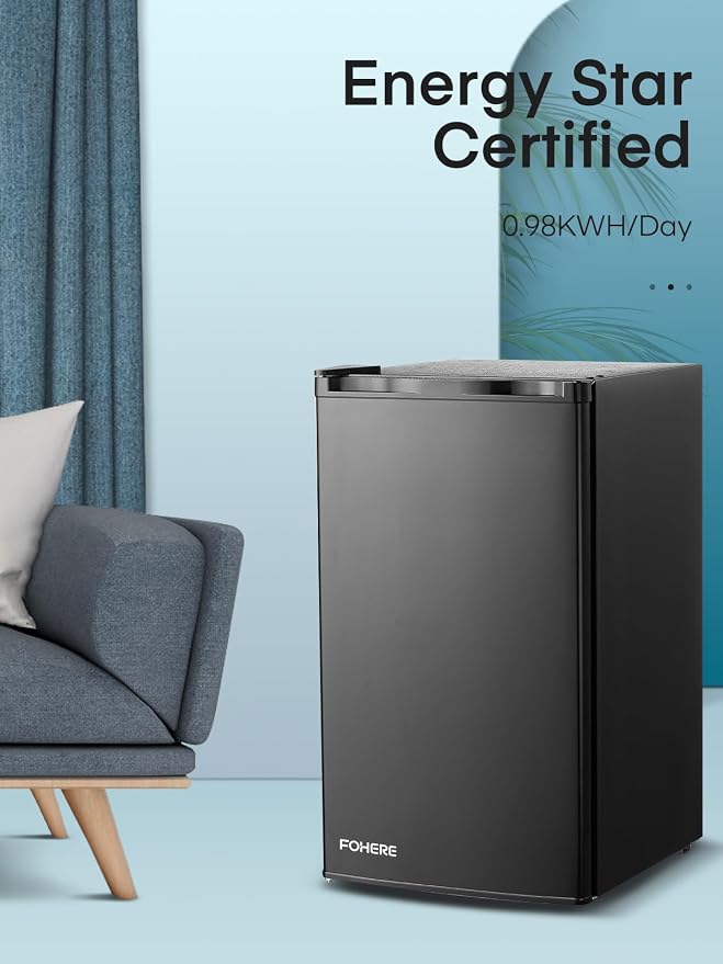 3.2 Cu. Ft Mini Fridge with Freezer, FOHERE Small Fridge with 7 Level Temperature Control, Removable Glass Shelves for Bedroom, Office, Dorm