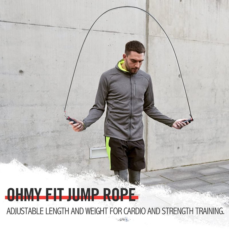 OHMY FIT Adjustable Speed and Weight Jump Rope - Carbon Steel Jump Rope for Men & Women - Jumping & Skipping Rope Great for Fitness, Exercise, Cardio Workout, Boxing, Crossfit & More (Rope w/Weights)
