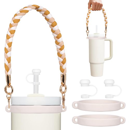 HEYSKAY Water Bottle Handle with Braided Strap for Stanley 12-40OZ Tumbler Water Bottle Strap for Carrying Owala Flask 24-40oz Stanley Cup Accessories with 2PCS Silicone Straw Covers
