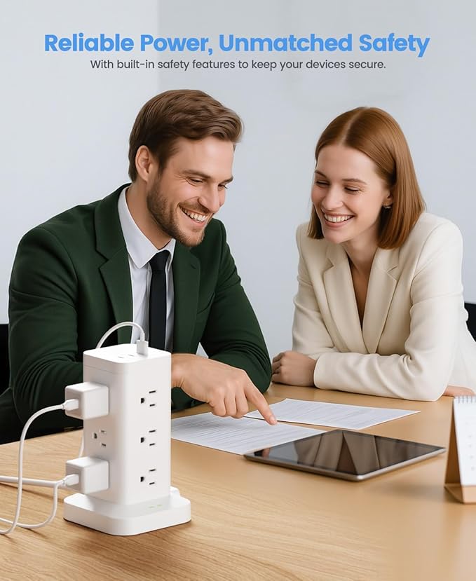 Power Strip Tower with Surge Protector 1800J, Fast Charging Tower PD20W USB-C Ports with 12 AC Outlets, 10ft Extension Cord for Home Office Dorm Room, White