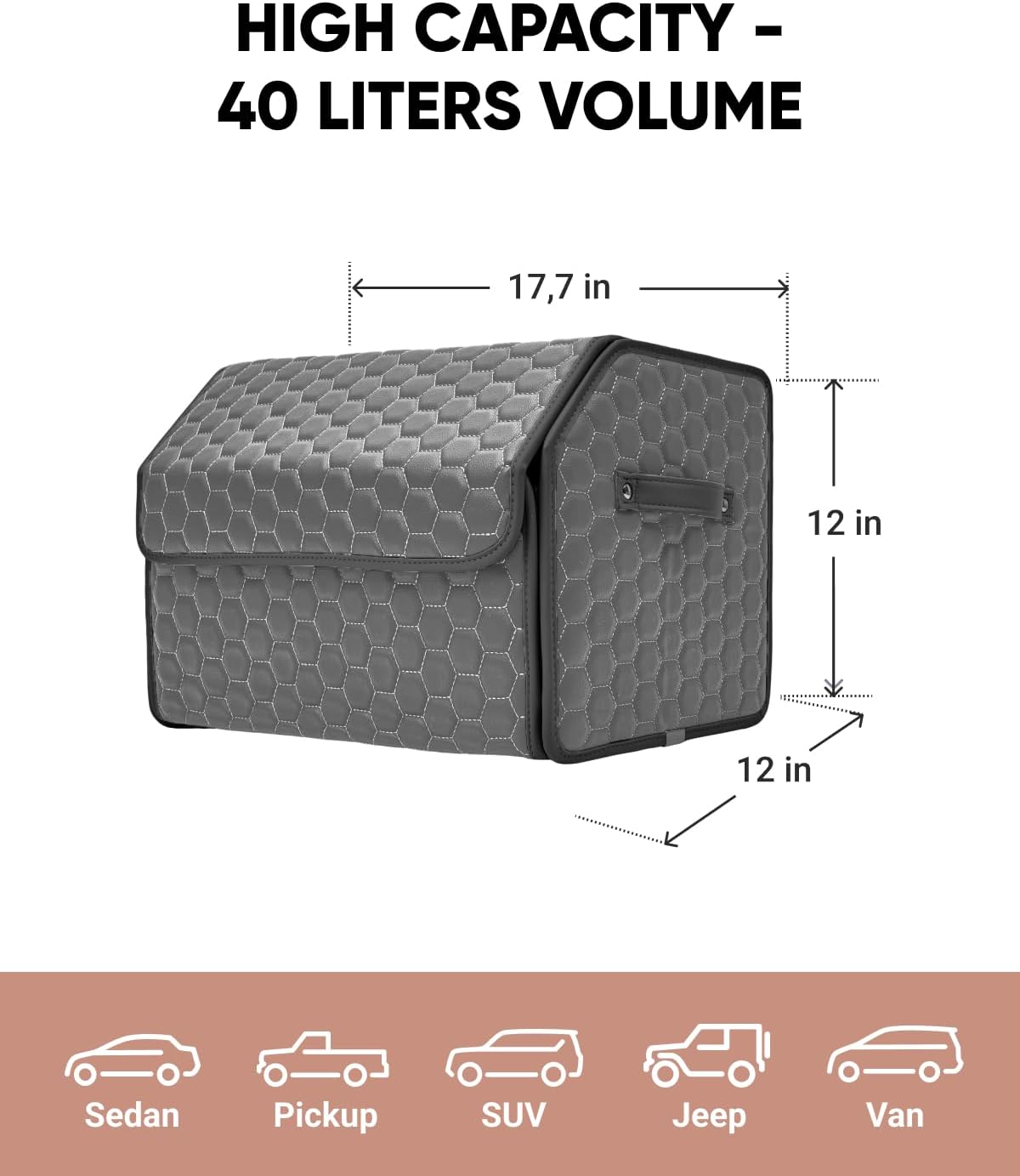 Owleys Foldable Trunk Organizer for Car - Collapsible Auto Trunk Organizer with Lid - Small and Large Cargo Organizer - Trunk Storage Box with 2 Compartments - Gray 17