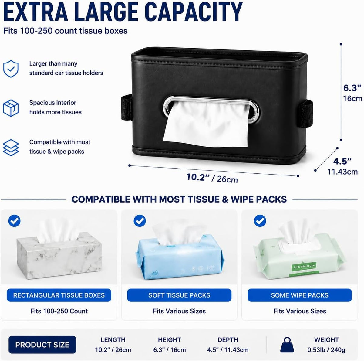 Large Car Tissue Holder Premium PU Leather Organizer Fits 100–250 Count