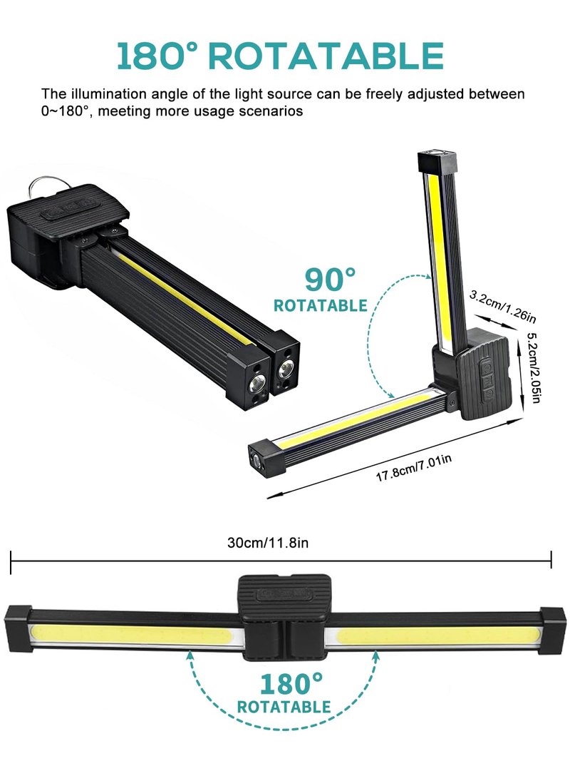YETHKE Gym Lamp, Portable Gym Lighting for Posing, Magnetic Work Light Rechargeable, Gift for Men/Women, 180° Rotate Foldable with Hang Hook Camping Lamp, USB Power Bank LED Handheld Flashlight-Black