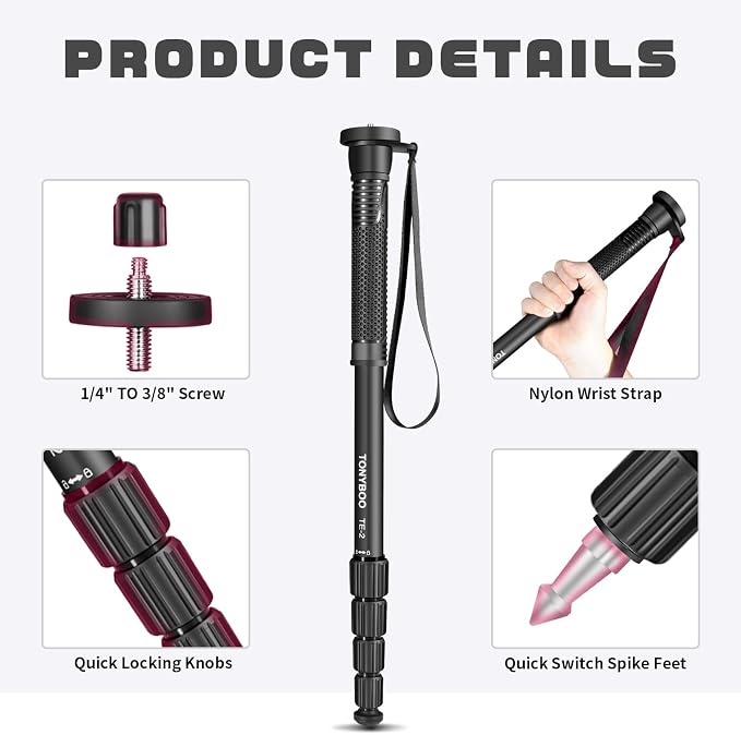 TONYBOO 65” Aluminum Camera Monopod, Lightweight & Portable, 5-Section Travel