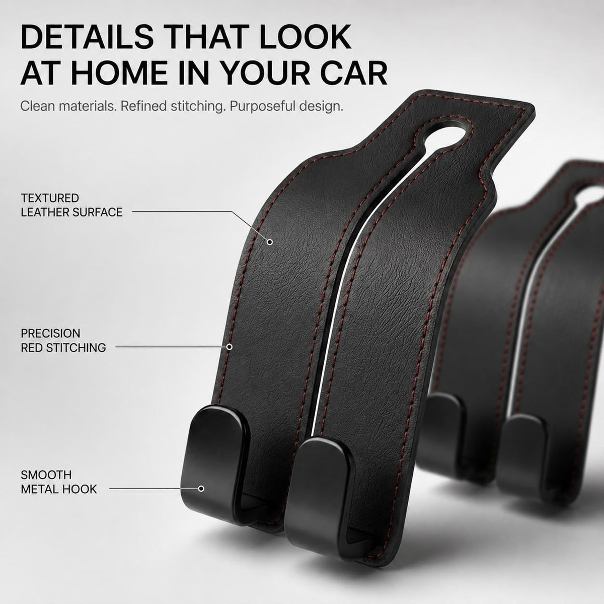 2 Pack Car Seat Headrest Hooks, Black Leather Car Purse Hangers with Red Stitching, Vehicle Back Seat Organizer Hooks for Handbags, Grocery Bags, Keys, Jackets and Accessories