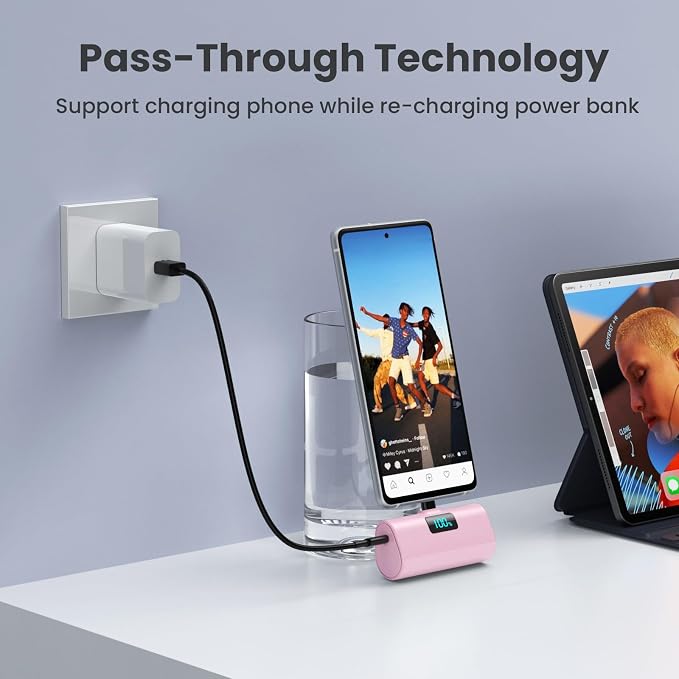 [2-Pack]Portable Charger for iPhone 17/16/15 Series,Upgraded 5200mAh PD USB C Power Bank Built-in USB-C Connector, Battery Pack Compatible with iPhone 17/17 Pro Max/16/15,Samsung,Android (Black+Pink)