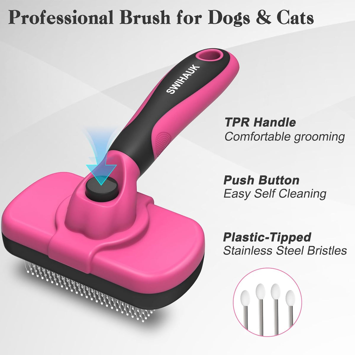 Swihauk Self-Cleaning Slicker Brush - Skin-Friendly Grooming & Deshedding for Dogs & Cats | Pink