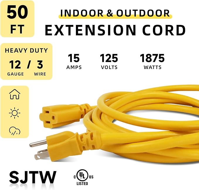 EP 12/3 50 FT Indoor Outdoor Yellow Extension Cord Waterproof, 12 Gauge 3 Prong Power Cord Flexible Resistant Appliance Extension Cable Electric Cable Outside, 15A 1875W 12AWG SJTW, ETL Listed