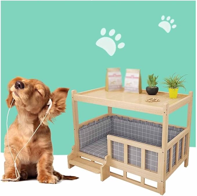 XPLKQXE Dog Bed Wood Platform, Elevated Pet Cushion Bed, Animal Couch with Mattress, Dog Beds & Furniture Rest Cot, Portable Fence Bed Pet Up to 45kg/100lbs(Color:Blue,Size:75x50x65cm)