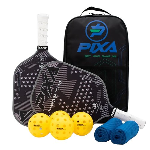 Carbon Fiber Pickleball Paddle Set of 2 – 16mm T300 Textured Surface for Spin & Control – Premium Grip, USAPA Approved – Includes 4 Outdoor Pickleballs, 2 Cooling Towels & Bag – PIXA Phantom Set