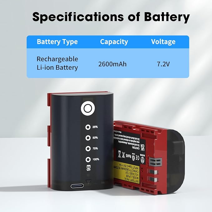 LP LP-E6, LP-E6N Battery 2-Pack 2600mAh USB-C Charging, LED Display Replacement
