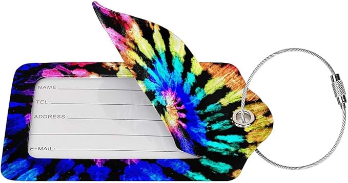 2pcs Tie Dye Luggage Tag for Suitcases Baggage, Colorful Rainbow Airport Crew Leahter Luggage Tag with Stainless Steel Loop and Full Back Privacy Cover for Travel Sports Girls Teens Adults
