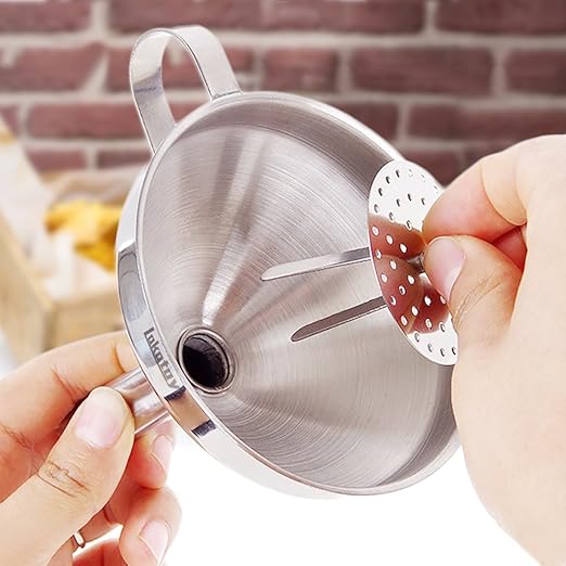 5-Inch Food Grade Stainless Steel Kitchen Funnel with Strainer Filter for Transferring of Liquid Dry Ingredients and Metal Cooking Funnel—Silver