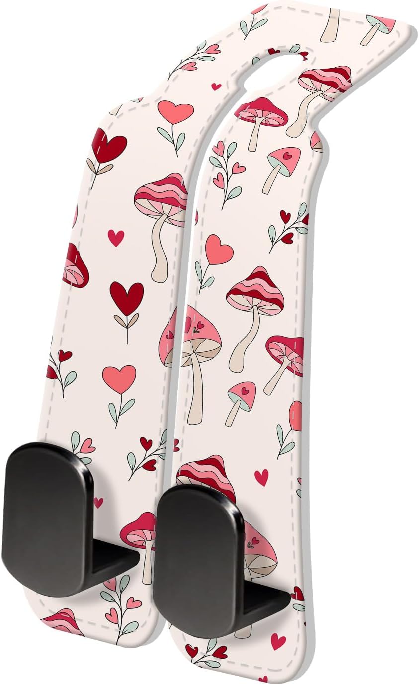 PU Leather Car Seat Hook, Storage Headrest Hanger, Cute Car Backseat Organizer, Car Hooks For Purses and Bags Cute Pink Mushroom