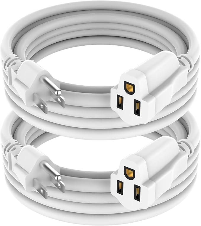 2 Pack Power Extension Cord 7FT, 3-Prong Grounded Electrical Extension Cable Outlet Saver, Single Outlet Extender, Outdoor and Indoor, Heavy-Duty, Waterproof, Flexible, 16AWG, SJTW, 13A 125V(White)