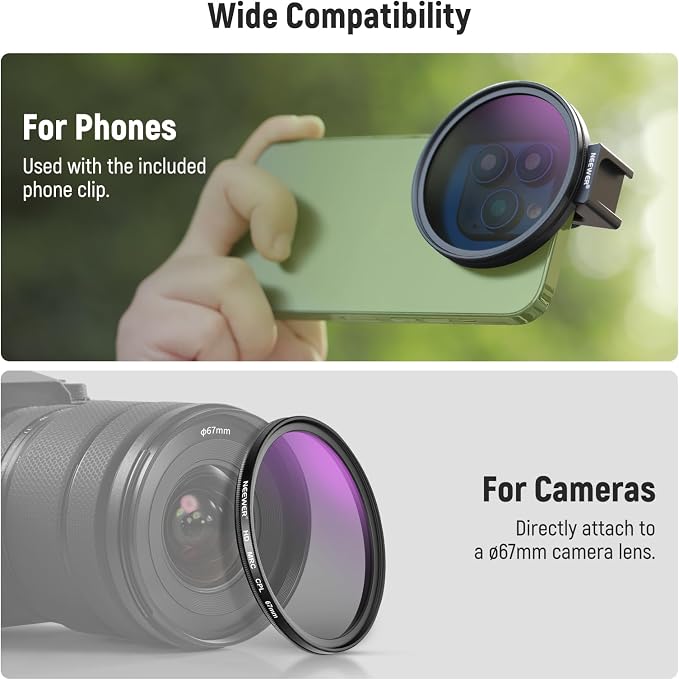 NEEWER 67mm CPL Filter with Cold Shoe Phone Lens Clip, HD Polarizing Filter