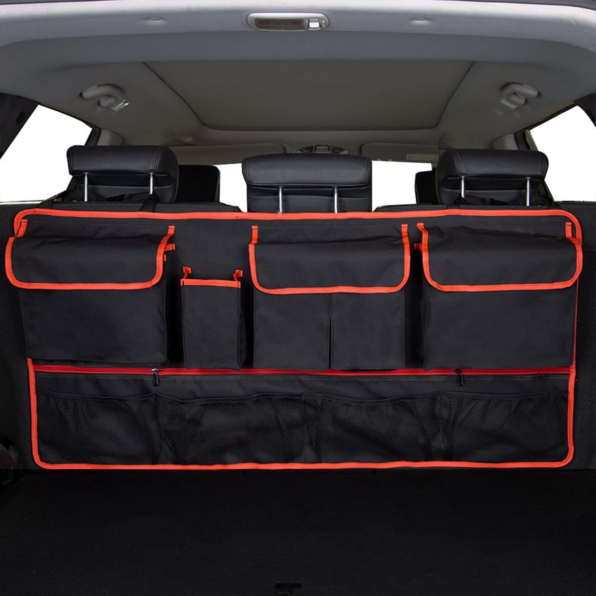Mandark Car Trunk Organizer, Super Capacity Vehicle Hanging Backseat Cargo Storage Bag with Robust Elastic Net, Detachable Auto Seat Back Organizing Bag, Universal for SUV, Truck, RV（Black/Red）