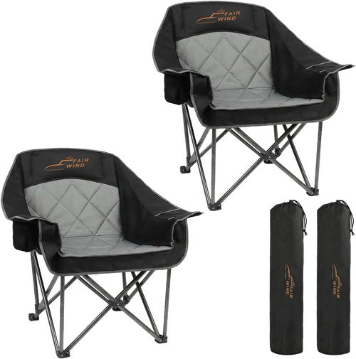 Fair Wind Oversized Padded Camping Chair - Heavy Duty Quad Fold Arm Chair, Supports 500LBS, Black | 2 Pack