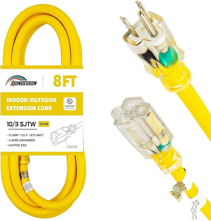 Indoor Outdoor Extension Cord Weatherproof with Lighted End, UL Certified, 10 Gauge 8FT Yellow 3 Prong Heavy Duty, 10/3 SJTW 15A Power Cord for Outdoor Lights, Lawn