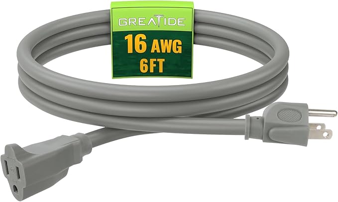 Indoor Outdoor Extension Cord 6 FT, 16/3 SJTW Weatherproof Grey Electrical Cords, 13 AMP Heavy Duty 3 Prong Power Cable Great for Garden, Landscaping & Holiday Decorations