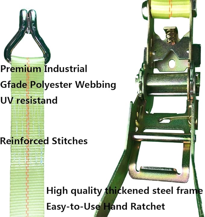 Ratchet Straps - 2" x 17' Heavy Duty Cargo Straps, Load up to 10000Lbs, Double J Hooks for Trucks, Moving Appliances, Lawn Equipment, Motorcycles - Yellow