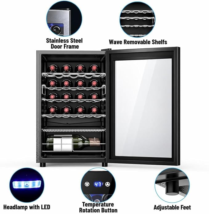 Electactic 37-Bottle Freestanding Wine Cooler Refrigerator, 4.5 Cu. Ft | Removable wave-shaped wire shelves, fan cooling, and sub-38 dB operation help organize bottles with minimal noise.