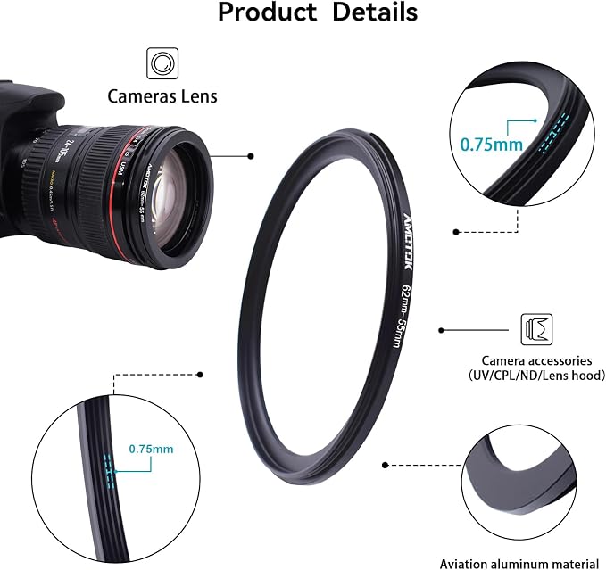 62mm Lens to 55mm Camera Lens Adapter, 62mm-55mm Filter Step-Down Ring