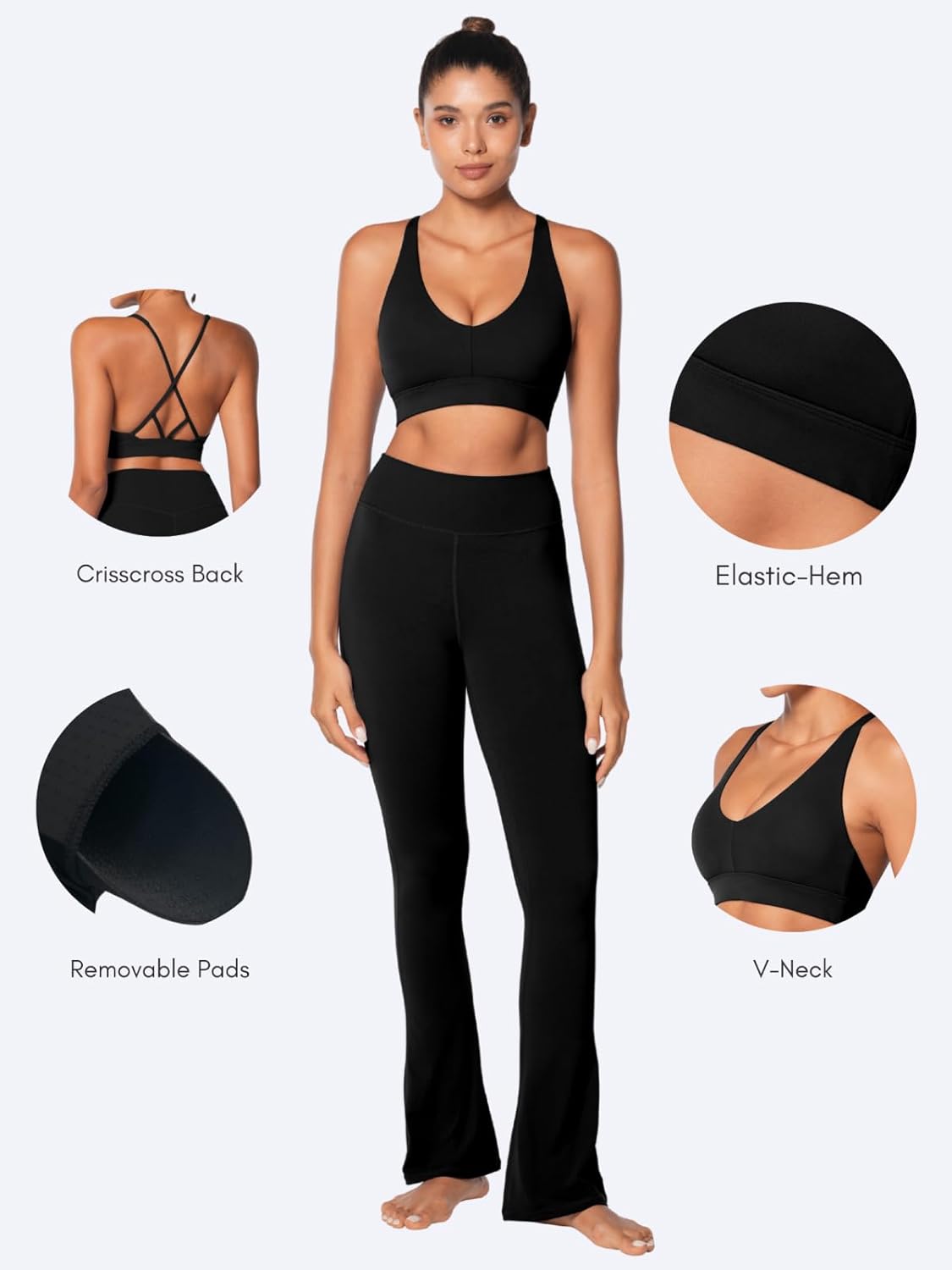 Sunzel V Neck Strappy Sports Bra - Criss Cross Back Yoga Top with Removable Cups | Padded for Comfort