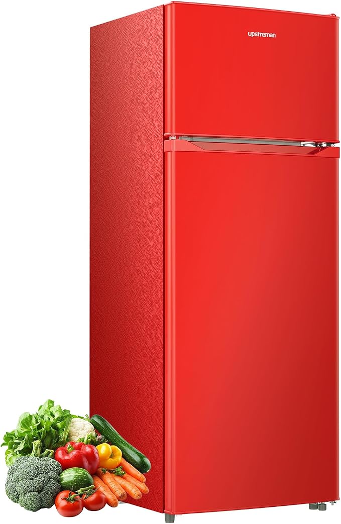 Upstreman 7.7 Cu Ft Refrigerator with Freezer Double Door Fridge | 7 Adjustable Thermostat , Reversible Door, Large Capacity Refrigerator for Apartment, Dorm, Office, Kitchen, Red (BD-75)