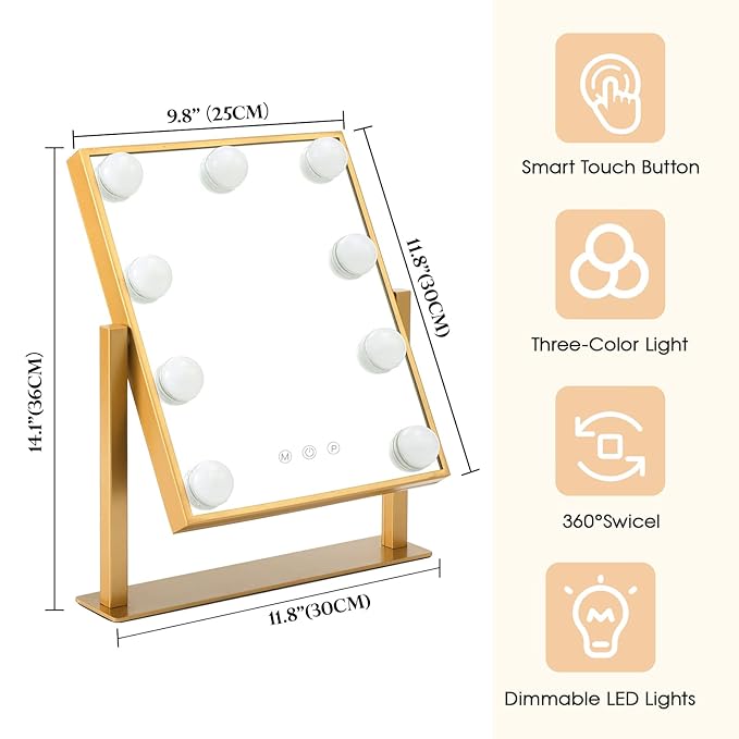 Vanity Mirror with Lights, Hollywood Mirror Lighted Makeup Mirror with 9 LED Bulbs, Touch Control Design 3 Colors Dimmable Bulbs Detachable 10X Magnification 360°Rotation(Gold)
