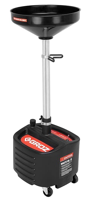 Groz 8 Gallon Waste Oil Drain Pan - Wheeled, Adjustable Height, Spill-Proof Design, Tool Storage (44605)