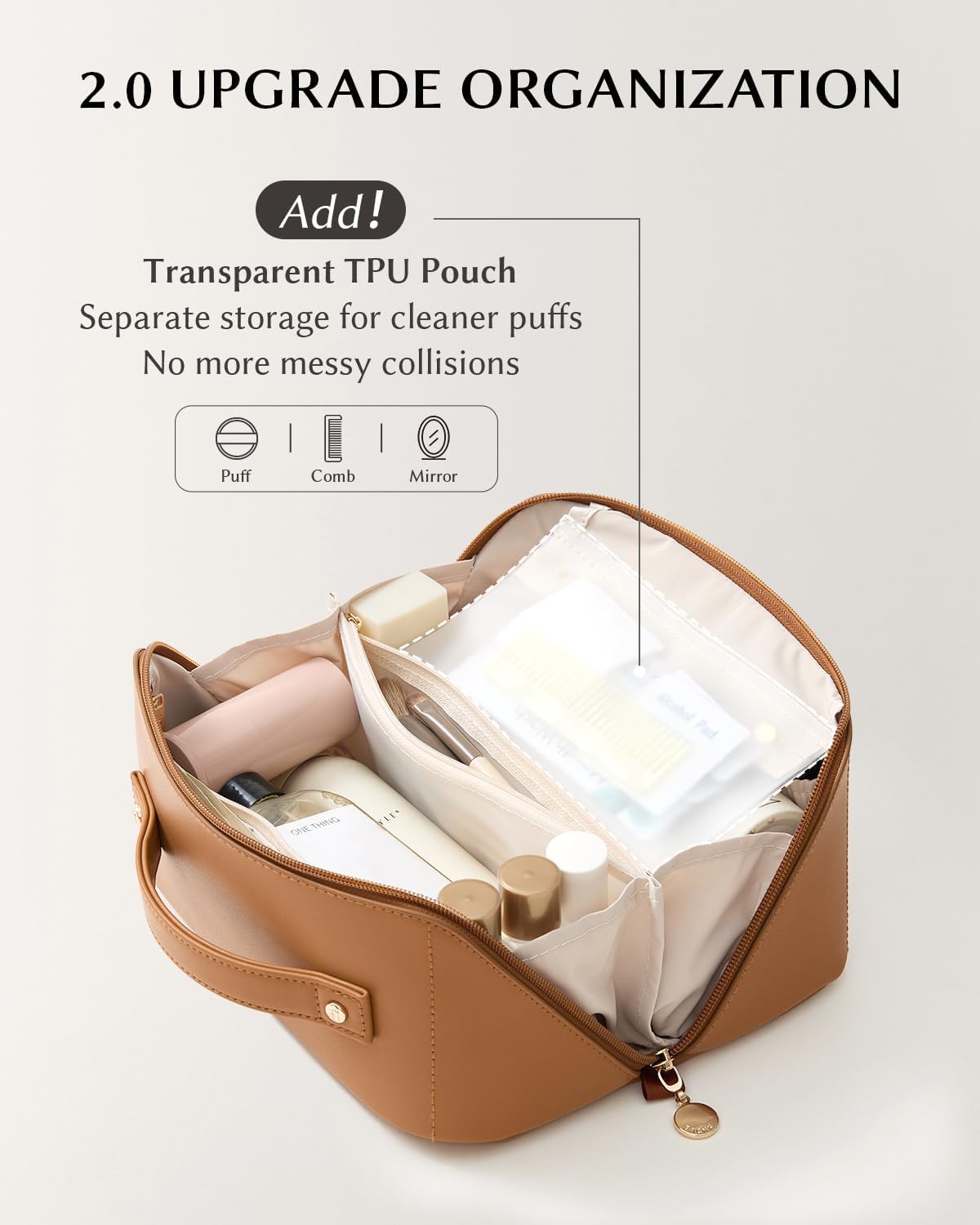 EACHY Travel Makeup Bag for Women, PU Leather Cosmetic Bag, Brown, Medium
