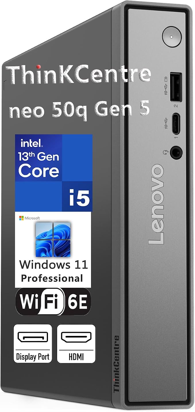 Lenovo ThinkCentre neo 50q Gen 5 Mini Desktop PC, Intel Core i5-13420H 8-Core, 8GB DDR5 RAM, 512GB SSD, WiFi 6E, Bluetooth 5.3, Dual Display, USB-C, Windows 11 Pro - Business Office Remote Work