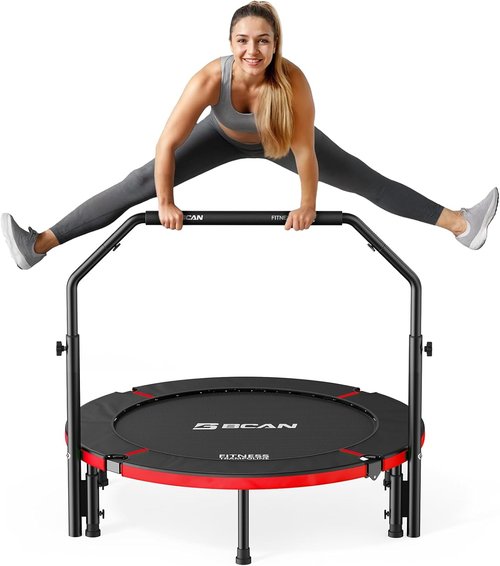 BCAN SP2 Foldable Mini Trampoline - Max Load 330lbs/440lbs, Adjustable Foam Handle for Indoor/Garden Fitness